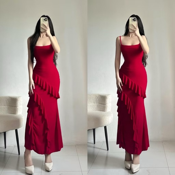 red ruffle maxi bodycon dress knitted fabric - Picture 4 of 4